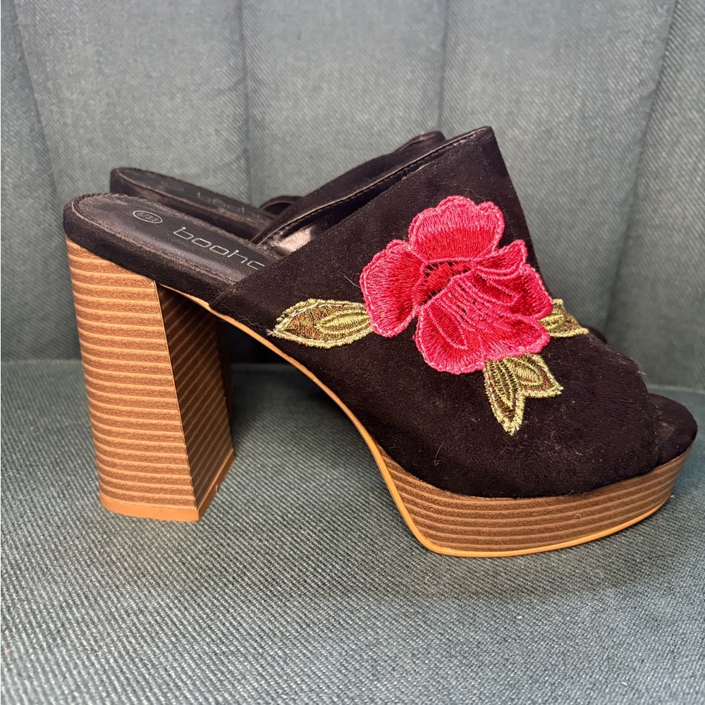 Boohoo Black Mules with Pink Floral Embroidery